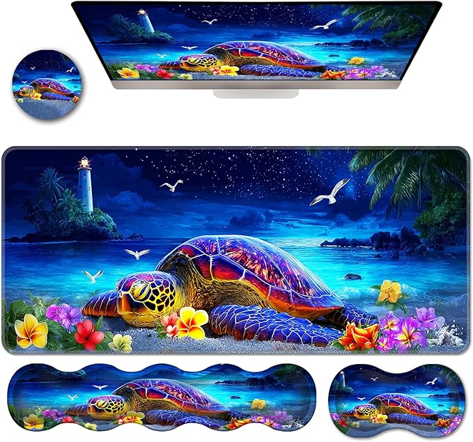 Ergonomic Keyboard Wrist Rest &amp Mouse Pad Wrist Rest SetXL Gaming Desk Mat 31.5x 11.8Non-Slip BaseMemory FoamEasy Typing Pain Relief for Office &amp HomeSea Turtle on Starry Beach