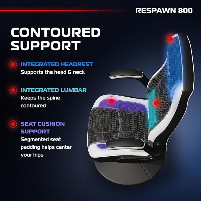 RESPAWN 800 Swivel Rocker Gaming Chair - Ergonomic Floor Gaming Seat with Lumbar Support Flip Up Armrest High Back Pedestal Base Comfortable No Wheels Console Video Game Rocker Chair - White