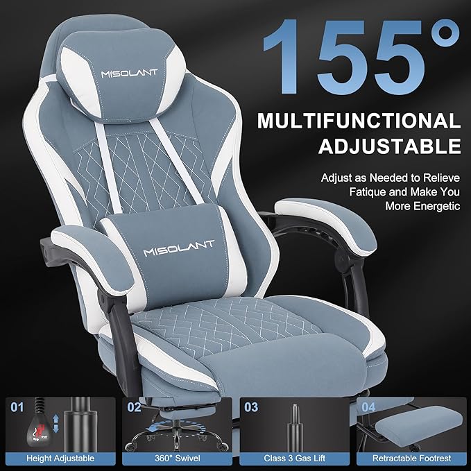 Misolant Gaming Chair Fabric Gamer Chair with footrest for Adults High Back Ergonomic Computer Game Chair with Adjustable Headrest and Massage Lumbar Support 90-155° Recline Free Blue
