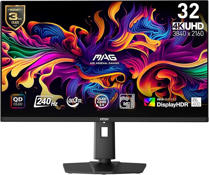 msi MAG 321UPX QD-OLED 32 4K UHD Quantum Dot OLED Gaming Monitor 3840 x 2160 0.03ms 240Hz True Black HDR 400 15W USB Type C HDMI DP Port