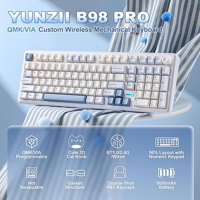 YUNZII B98 PRO QMK/VIA Wireless Mechanical Gaming Keyboard 96% Layout with Numpad and Cute Cat Knob BT/2.4G/USB-C Pre-Lubed Switch Hot Swap Gasket RGB for Win/Mac (Blue Milk V2 Linear Switch)
