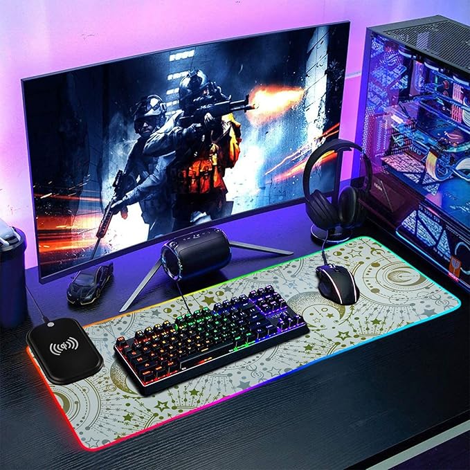Gaming Mouse Pad Wireless Charging with 17 Led Light Modes with Premium Smooth Surface(Starry Sky Print35.4x15.7inWhite)