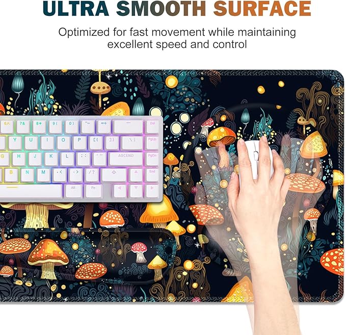 Gaming Mouse Pad Large Desk Mat Cute Desk Pad Protector 4in1 XXL Mousepad + Keyboard Wrist Rest+Mouse Wrist Rest+Coaster Set with Ergonomic Desk Pad for Home Office Table Computer Lovely Mushroom