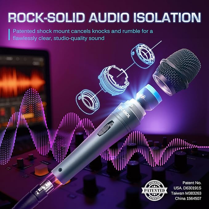 CAROL E dur-916S Gray XLR Wired Vocal Microphone for Singing – Dynamic Supercardioid Mic with Dual Shock Mount System for Karaoke &amp Public Speaking Includes Mic Clip 14.8ft XLR Cable &amp On/Of