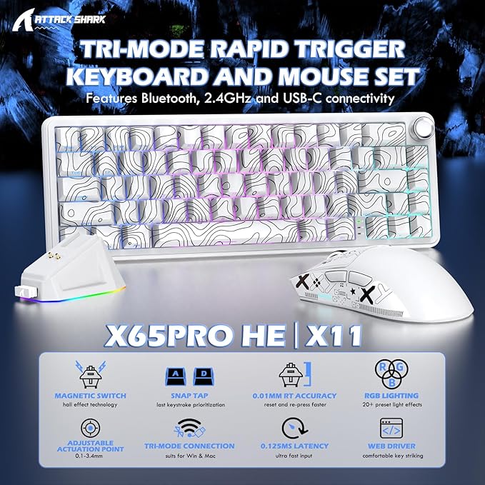ATTACK SHARK X11 &amp X65 PRO HE Rapid Trigger Hall Effect Keyboard60% Magnetic Keyboard 8K Polling Rate RGB Hot SwapWireless Gaming Mice with Charging Dock 22K DPIBT/2.4Ghz/WiredCoiled Cable-Whi