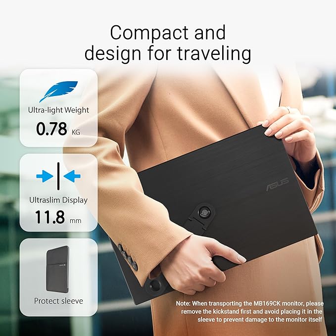 ASUS ZenScreen 16” Portable USB Monitor (MB169CK-P) - Full HD IPS Dual USB-C Eye Care Flicker Free Blue Light Filter Anti-Glare Surface 360° Kickstand 3 yr Warranty