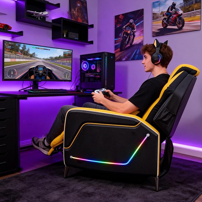 Gaming Recliner Chair with LED Lights Racing Style PU Leather Gaming Recliner for Adults Ergonomic Push-Back Recliner with Lumbar Pillow Home Theater Seating with Side Pockets Yellow