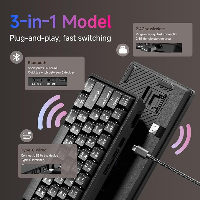 TMKB T63 Gaming Keyboard 60% Wireless Mechanical Keyboard with Bluetooth/2.4G/Type-C Compact 63 Keys Anti-Ghosting RGB Backlight Clicky Blue Switch - Black