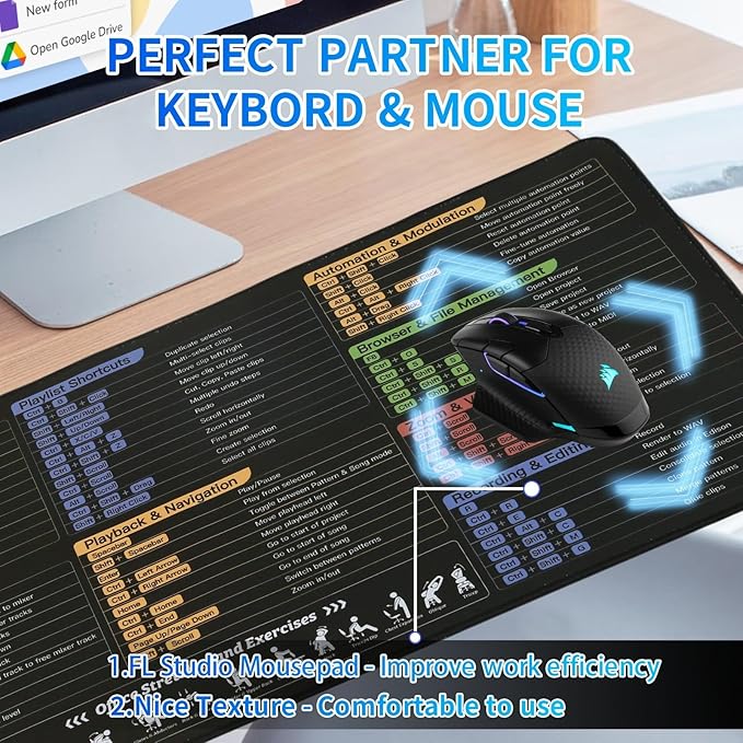 FL Studio Mousepad Extra Large Fruity Loops Studio Shortcuts Mouse Pad Large Gaming Desk Mat Stitched Edges Non-Slip Rubber Base Desk Pad for Computers Laptop (FL Studio)