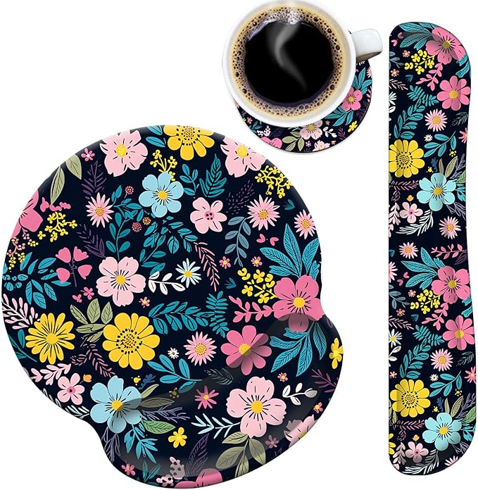 Mouse Pad Wrist Support and Keyboard Wrist Rest with CoasterNon-Slip Rubber Base Ergonomic Gaming Mousepad for Home Office Working Studying Easy Typing &amp Pain ReliefColorful Blooming Floral Flow