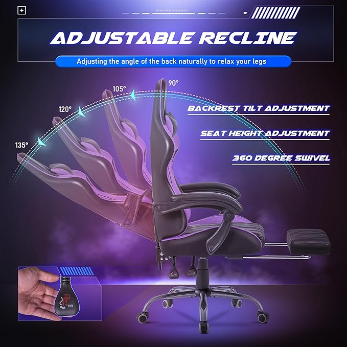 Homall Gaming Chair Computer Chair with Footrest and Massage Lumbar Support Ergonomic High Back Video Game Chair with Swivel Seat and Headrest (Purple)