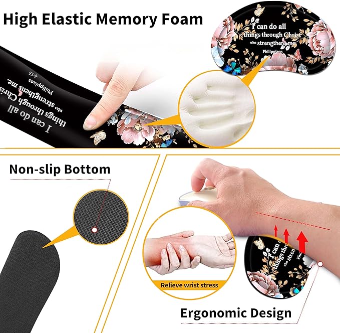 Extended Large Mouse Pad Set 31.5 x 15.7 – Christian Floral All-in-One Desk Set with Keyboard Wrist Rest Mouse Wrist Rest &amp Coaster Ergonomic Desk Accessories for Women Faith-Inspired Office Gi