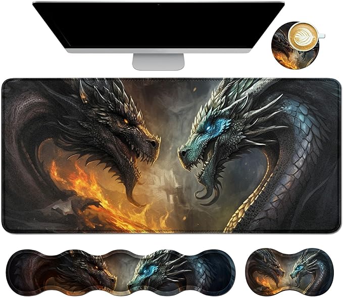 4Pcs Memory Foam Keyboard Mouse Wrist Rest Pad + Gaming Desk Mat 31.5 * 11.8 with Stitched Edges + Mouse Wrist Cushion + Coasters Non-Slip Desk Pad Protector for Laptop Desktop Flame Dragon