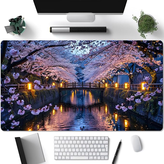 Serene Cherry Blossom Bridge Desk Mat Tranquil Nightscape Large Gaming Mouse Pad Non-Slip Waterproof Office Desk Mat for Workstation Japanese Garden-Inspired Desktop Decor 31 x 15in