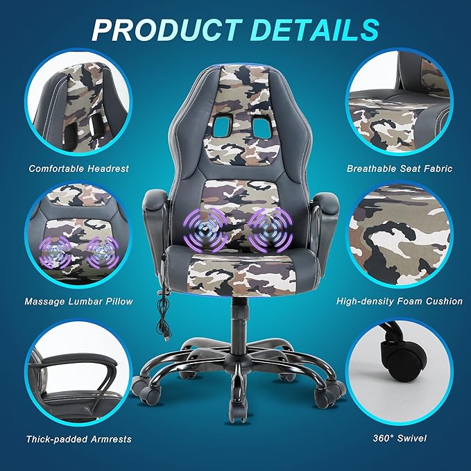 Gaming Chair With Massager Ergonomic Office Video Gaming Computer Leather Desk Racing Comfy Massage Silla Gamer for Adults and Kids Camo