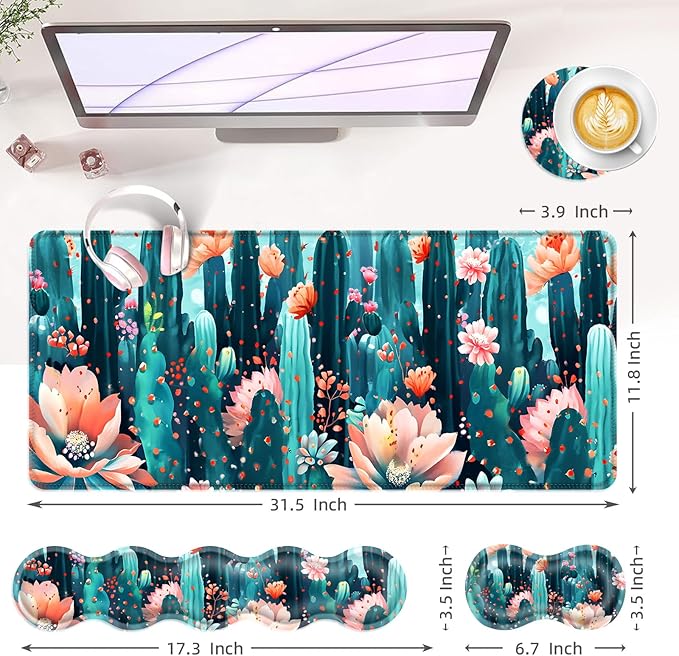 Large Keyboard Mouse Pad Set Extended Mouse Pad+Keyboard Wrist Rest Support Memory Foam Ergonomic Easy Typing 4Pcs (31.5×11.8 in) Desk Pad Set for Office HomeCute Cactus Blooming Flowers