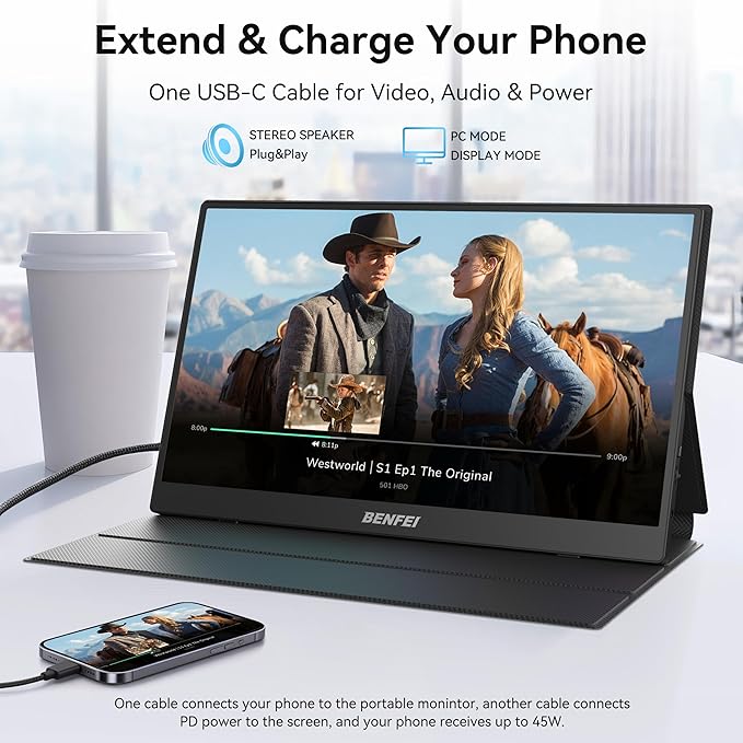 BENFEI Portable Monitor 15.6'' FHD 1080P HDMI USB-C Gaming Display Ultra-Slim IPS HDR Screen w/Smart Cover &amp Speakers Plug &amp Play External Monitor for Laptop PC Phones Tablet PS5/4 Xbox Swi