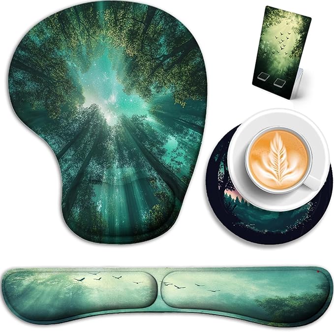 AQQA Desk Pad and Keyboard Wrist RestLarge Mouse Pad + Keyboard Pad+Mouse Wrist Support+Coaster +Mobile Phone Holder Non-Slip Desk Mat Protector for Office Home(31.5×15.7 InchesForest Tree)