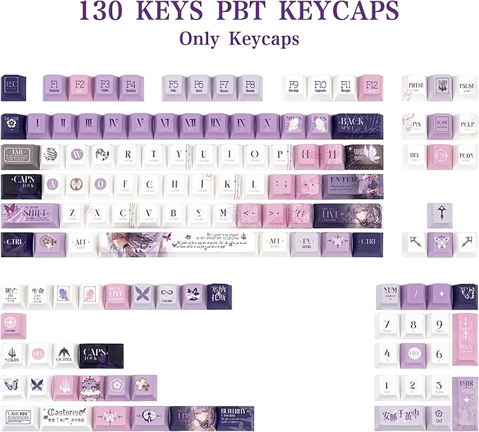 PBT Custom Keycaps 130 Keys Japanese Anime Purple Keycaps Cherry Profile Dye Sublimation Keycap Manga Style Key Cap Set for 60% 65% 75% TKL 100% Mechanical Keyboard