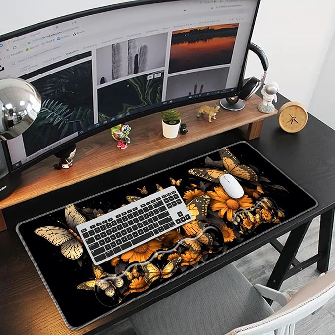 Keyboard Mouse Pad SetLarge Mouse Pad+Keyboard Wrist Rest+Wrist Support+Coaster31.5x11.8in Extended Desk Mat for Computer Laptop Office Home- Flower Butterfly