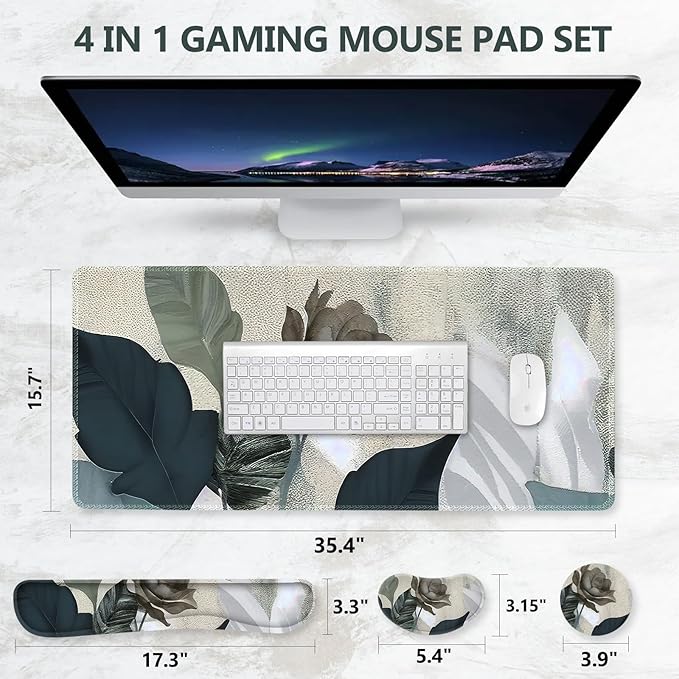 DINKY Keyboard Mouse Pad Set Large Gaming Mousepad + Memory Foam Ergonomic Keyboard Wrist Rest Support Easy Typing Pain Relief 4Pcs (35.4 x 15.7) Extended Desk Mat-Tropical Rose