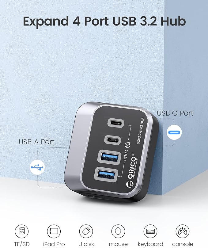 ORICO USB Hub 10Gbps with 2 USB A Ports+2 USB C Ports USB 3.2 Gen 2 Hub with 1.64Ft USB-C Cable and USB-A Adapter USB Splitter for iMac MacBooks Mac mini