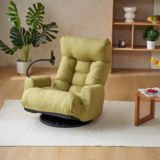 Gaming Lounge Chair Floor 360° Swivel Gaming Floor Chair Adjustable Phone Holder 5-Position w/Arms Foldable for Adults Living Room Dorm Rotatable Leisure Sofa Premium (Green)