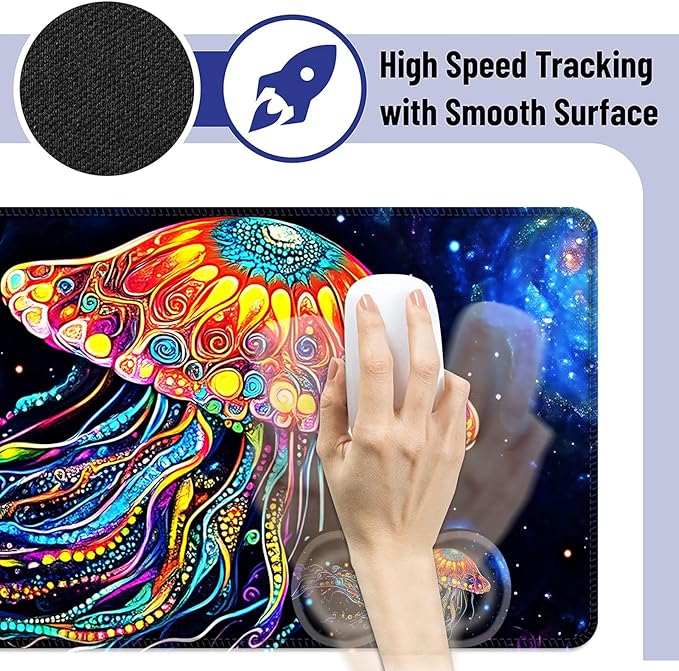Large Mouse Pad and Keyboard Wrist Rest Desk Pad for Keyboard and Mouse 4-in-1 Large Gaming Mouse Pad with Wrist Support Desk Mat for Home Office Study GameColorful Jellyfish