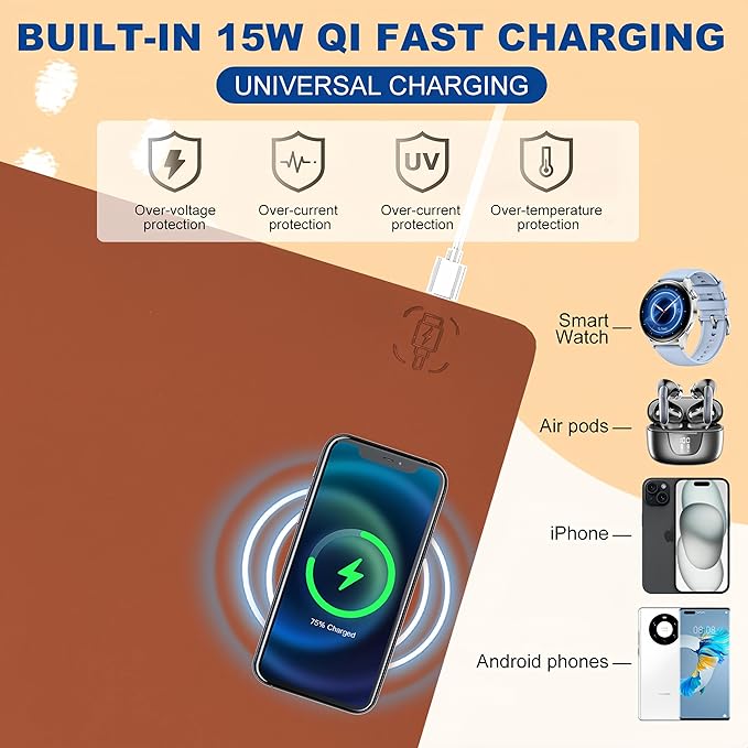 Desk Mat with Wireless Charging Brown Mouse Pad with Wireless Charger Desk Pad Matt for Desktop Mousepad Gaming Large Mouse Pad Leather Compute for Keyboard and Mouse 32 x 16