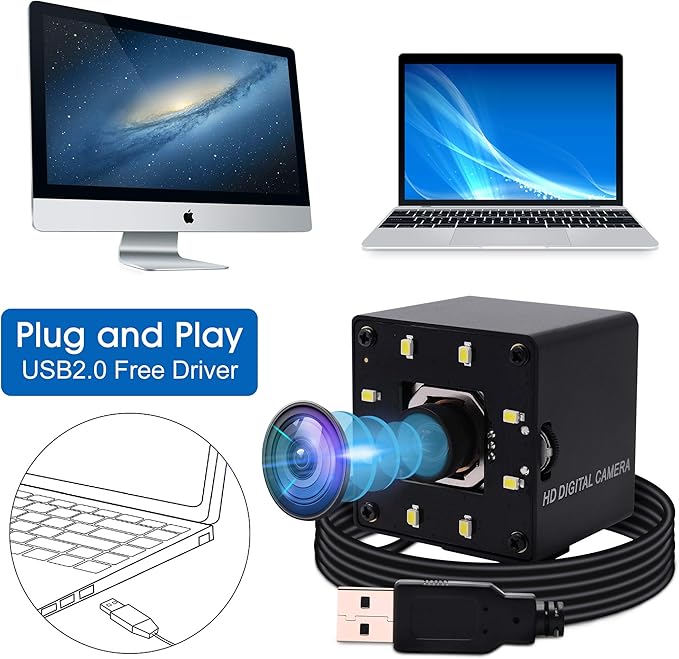 4K USB Camera Autofocus with Microphone Day Night Vision Wide Angle 4K Video Audio Webcam for Computer USB2.0 PC Camera with White LEDs Mini UVC USB with Camera for Raspberry Pi Android Mac Laptop