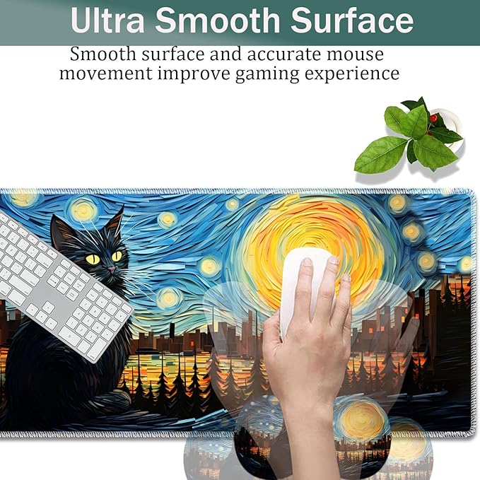 Large Game Mouse Pad + Wrist Support Pad + Coffee Coaster Desk Pad with Sewn Edges Anti-Slip Set pad Suitable for Office Work and Home - Art Moon Starry Night