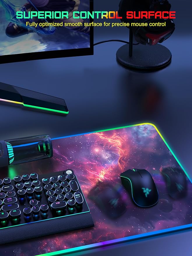 TopMade Wireless Charging Mouse Pad RGB Gaming Mousepad 35.4 x 15.8 Extra Large Waterproof Keyboard Desk Pad Computer Desk Mat Red Nebula (Includes 20W PD Power Adapter &amp 6.56ft Woven Cable)