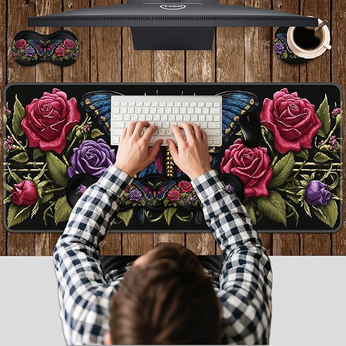 Ergonomic Keyboard Wrist Rest &amp Mouse Pad Wrist Rest SetXL Gaming Desk Mat 31.5x 11.8Non-Slip BaseMemory FoamEasy Typing Pain Relief for Office &amp HomeBlue Butterfly with Red Roses
