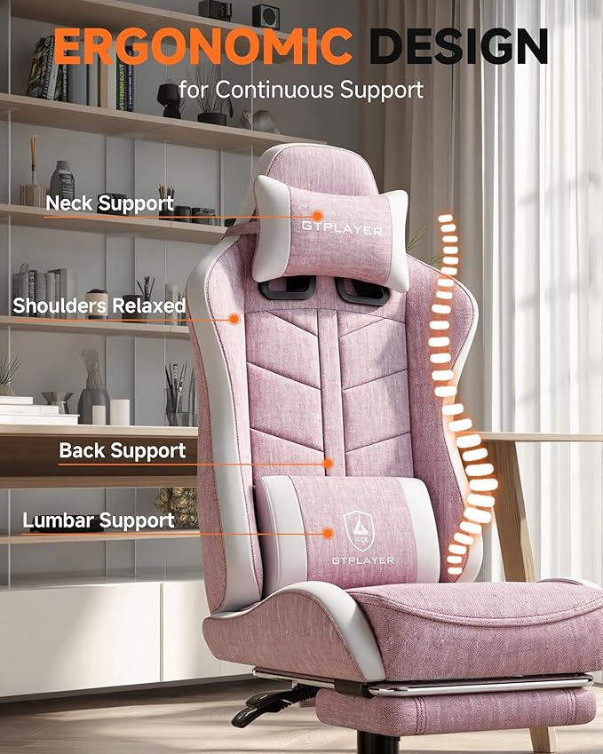 GTPLAYER Gaming Chair with Footrest Computer Gaming Chair for Adults and Kids Height Adjustable Gamer Chair with 90-155° Recline &amp Removable Headrest Lumbar SupportLinen Fabric Pink