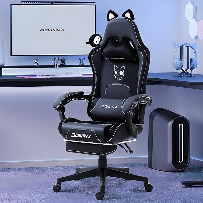 Dowinx Gaming Chair Cute with Cat Ears and Massage Lumbar Support Ergonomic Computer Chair for Girl with Footrest and Headrest Comfortable Reclining Game Chair 290lbs for Adult Teen White