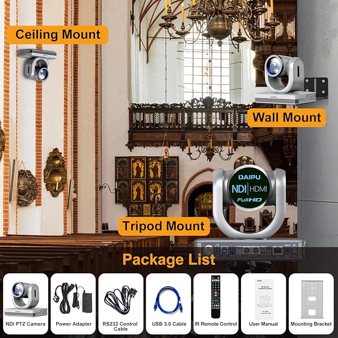 NDI PTZ Camera 60fps 20X Optical Zoom 1080P HDMI USB3.0 SDI LAN PoE AI Auto Tracking Conference Room Camera 1/2.8 CMOS Sensor 255 Presets for Church Worship Live Streaming Video Conference