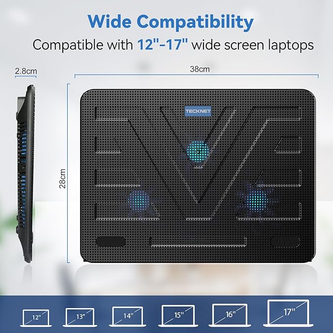 TECKNET Laptop Cooling Pad Portable Slim Quiet USB Powered Laptop Notebook Cooler Cooling Pad Stand Chill Mat with 3 Blue LED Fans Fits 12-17 Inches (Black)