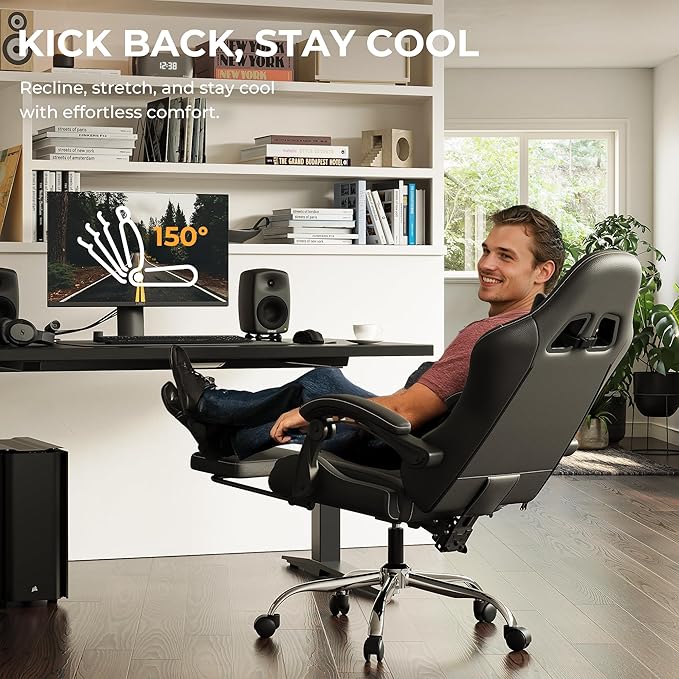 Ergonomic Gaming Chair with Footrest Heavy Duty 330lbs Office Chair Massage Lumbar Support Adjustable Height &amp Headrest Pillow Comfortable for Back Pain Relief Streaming Long Gaming Black