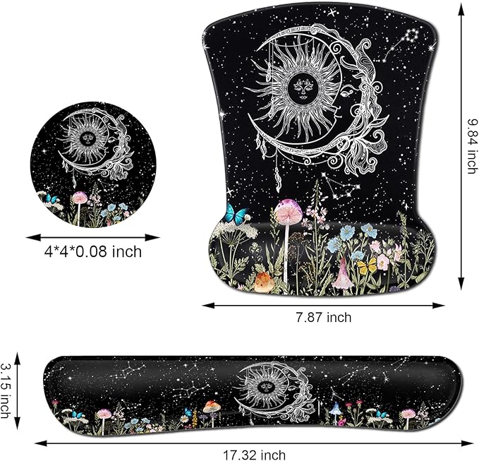 Keyboard Wrist Rest and Mouse Pad with Wrist Support Ergonomic Gel Mouse Pad for Easy Typing Pain Relief Memory Foam Keyboard Wrist RestSun Moon Wildflowers Butterfly Starry Sky Black Mousepads