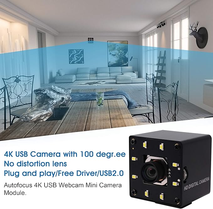 4K USB Camera Autofocus with Microphone Day Night Vision Wide Angle 4K Video Audio Webcam for Computer USB2.0 PC Camera with White LEDs Mini UVC USB with Camera for Raspberry Pi Android Mac Laptop