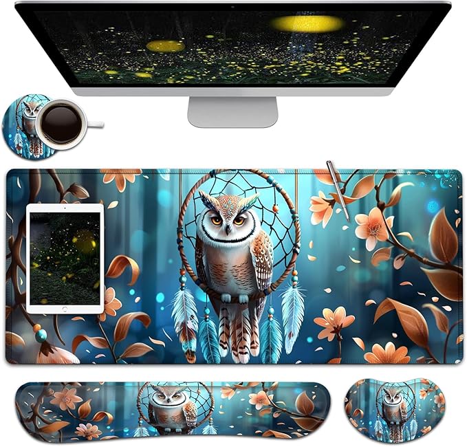 Large Mouse Pad + Keyboard Wrist Rest Set Extended Gaming Mousepad (31.5X11.8 inch) with Non-Slip Rubber Ergonomics Memory Foam Mouse Wrist Rest Support Dreamcatcher and Owl XXL Desk Pad