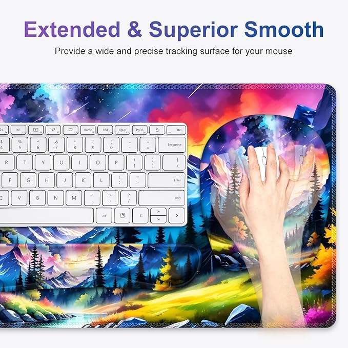 4 in 1 Large Mouse Pad Keyboard Wrist Rest Set Ergonomic Mouse Pad with Wrist Support Desk Mat with Stitched Edges Extended Desk Pad Waterproof Desk Mat for Home Office Game I Landscaping Mountain