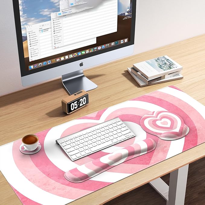 iLeadon Pink Desk Mat Desk Pad + Pink Mouse Pad with Wrist Rest + Keyboard Wrist Rest + Coaster 4in1 Mouse Pad Set Mouse and Keyboard Pad for Home Office Heart Pink