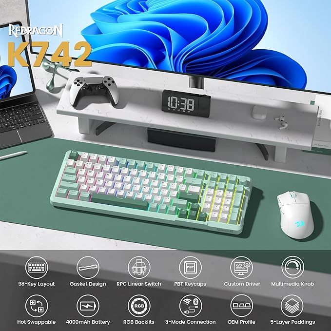 Redragon K742 Wireless Mechanical Gaming Keyboard with Knob Bluetooth 5.0/2.4GHz/USB C Wired Creamy Keyboard with Number Pad for PC Computer RGB Backlits Hot-Swappable with Linear Switches (Green)