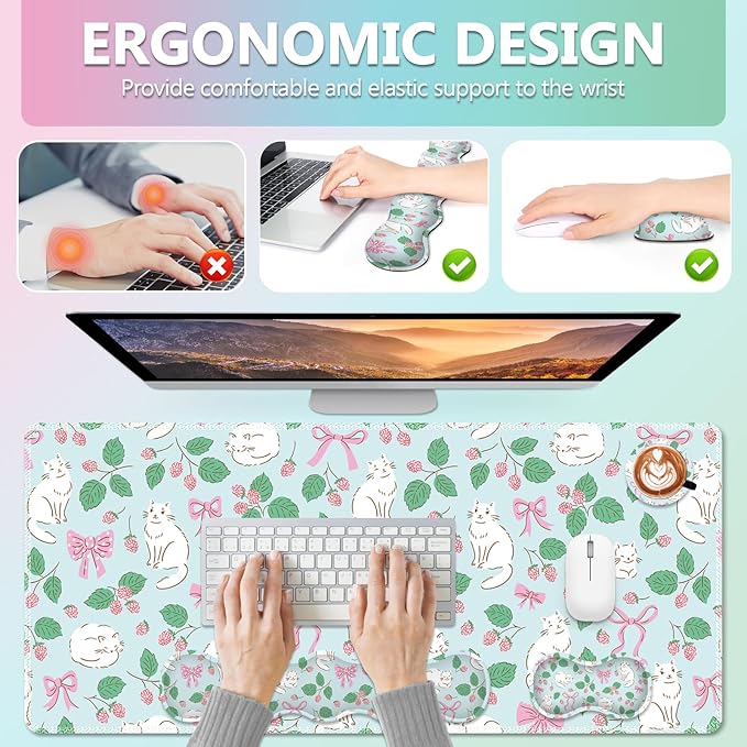 AIMSA Keyboard Wrist Rest Large Mouse Pad Wrist Support Combo Bows and Kittens Keyboard Pad Desk Mat Ergonomic Wrist Rest Cushion Pad for Home Office Gaming