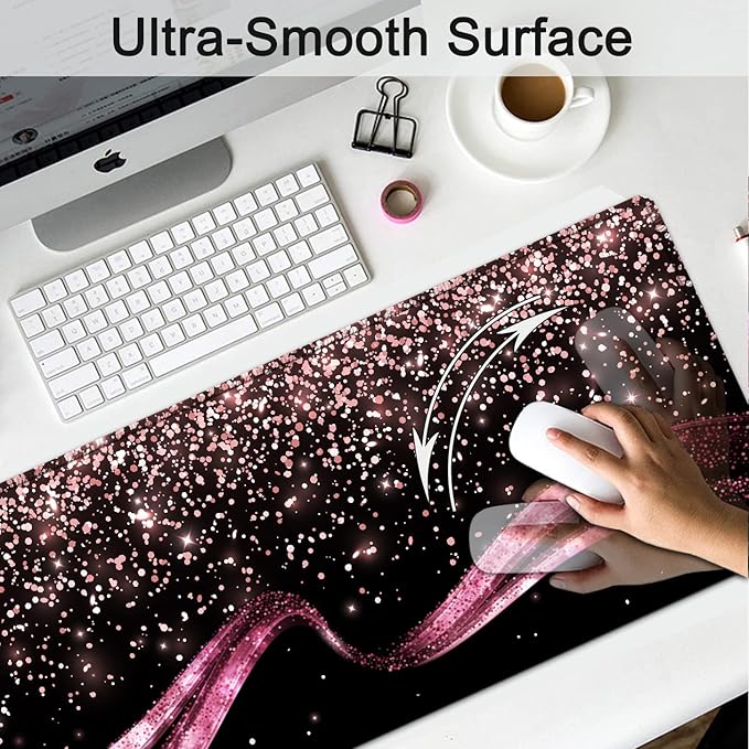 Extended Gaming Mouse Pad 31.5x11.8 Big Desk Mat Ergonomic Memory Foam Keyboard Wrist Rest Support for Home Laptop Working Office Desk Pad with Non-Slip BaseRose Gold Sparkle Large Mouse Pad