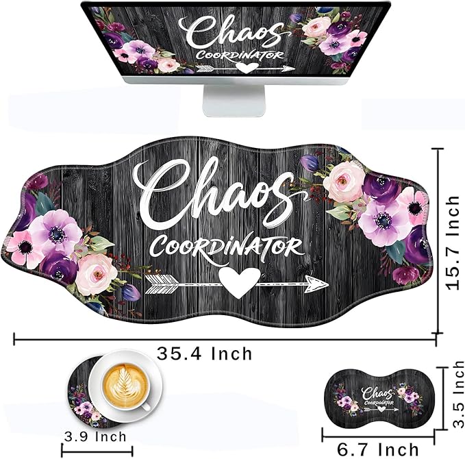 Mouse Pad with Wrist Support + Desk Mat + Coaster 3 in 1 Set XXL Large Gaming Mousepad Ergonomic Mouse Pads for Desk Computer Laptop OfficeChaos Coordinator Quotes Vintage Watercolor Floral