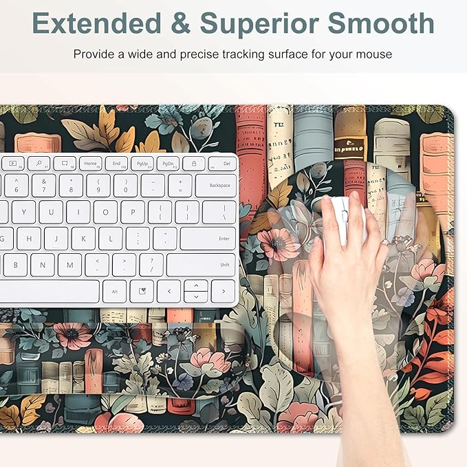 Nature Aesthetic Florals Books Mouse Pad XXL Large Desk Mat Extended Reading Desk pad 4PCS Non-Slip Rubber Base Computer Big Mousepads for Work Game Office Home Decor Accessories I Bookworm Gift
