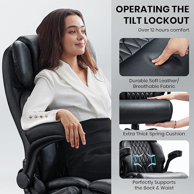 500lbs Big and Tall Office Chair Adjustable Lumbar Support for Back Pain Extra Wide Seat Executive Office Chair Thick Armrest Pad Heavy Duty Base&ampUpgraded Wheels Ergonomic Comfy Computer Desk C