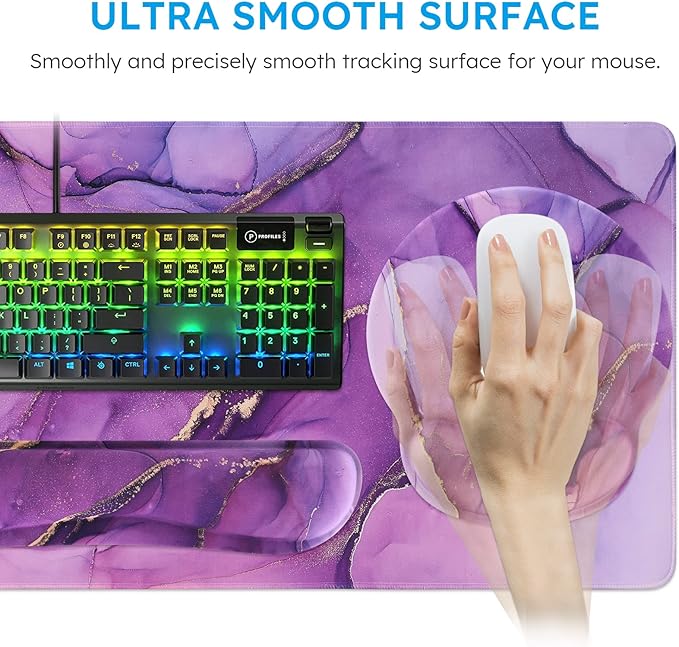 iCasso Purple Ergonomic Large Mouse Pad with Wrist Support 4in1 XXL Desk Mat Set- Keyboard Wrist Rest + Mouse Wrist Rest + Coaster Marble Style Desk Pad Mousepad